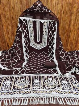 Zeepkart - Embroidered Brown Vichitra Silk Unstitched Kurta with Bottom & Dupatta (Set of 3)