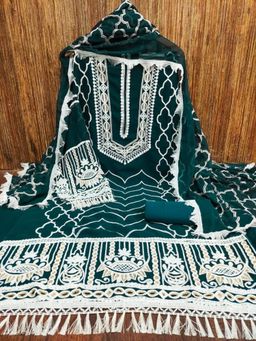 Zeepkart - Embroidered Teal Vichitra Silk Unstitched Kurta with Bottom & Dupatta (Set of 3)
