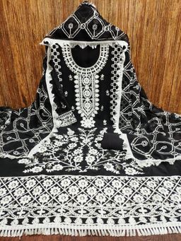 Zeepkart - Embroidered Black Vichitra Silk Unstitched Kurta with Bottom & Dupatta (Set of 3)