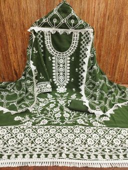 Zeepkart - Embroidered Green Vichitra Silk Unstitched Kurta with Bottom & Dupatta (Set of 3)