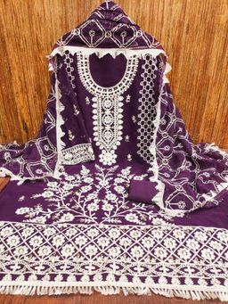 Zeepkart - Embroidered Purple Vichitra Silk Unstitched Kurta with Bottom & Dupatta (Set of 3)