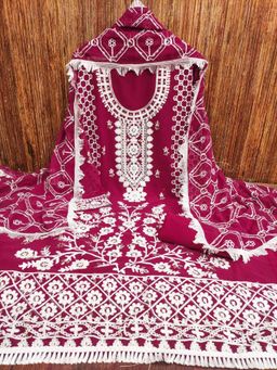 Zeepkart - Embroidered Pink Vichitra Silk Unstitched Kurta with Bottom & Dupatta (Set of 3)