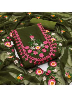 Zeepkart - Floral Olive Vichitra Silk Unstitched Kurta with Bottom & Dupatta (Set of 3)