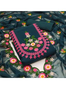 Zeepkart - Floral Teal Vichitra Silk Unstitched Kurta with Bottom & Dupatta (Set of 3)