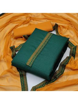 Zeepkart - Embroidered Green Vichitra Silk Unstitched Kurta with Bottom & Dupatta (Set of 3)