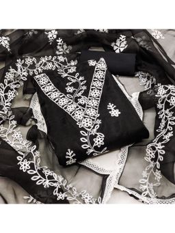 Zeepkart - Embroidered Black Vichitra Silk Unstitched Kurta with Bottom & Dupatta (Set of 3)