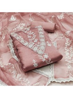 Zeepkart - Embroidered Peach Vichitra Silk Unstitched Kurta with Bottom & Dupatta (Set of 3)