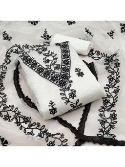 Zeepkart - Embroidered White Vichitra Silk Unstitched Kurta with Bottom & Dupatta (Set of 3)