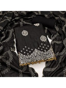 Zeepkart - Embroidered Black Vichitra Silk Unstitched Kurta with Bottom & Dupatta (Set of 3)