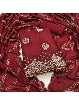 Zeepkart - Embroidered Maroon Vichitra Silk Unstitched Kurta with Bottom & Dupatta (Set of 3)