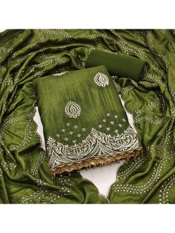 Zeepkart - Embroidered Olive Vichitra Silk Unstitched Kurta with Bottom & Dupatta (Set of 3)