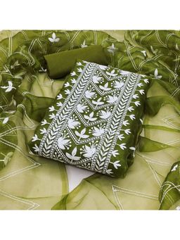 Zeepkart - Embroidered Green Vichitra Silk Unstitched Kurta with Bottom & Dupatta (Set of 3)