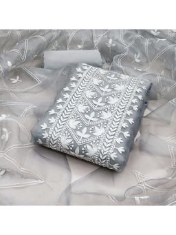 Zeepkart - Embroidered Grey Vichitra Silk Unstitched Kurta with Bottom & Dupatta (Set of 3)