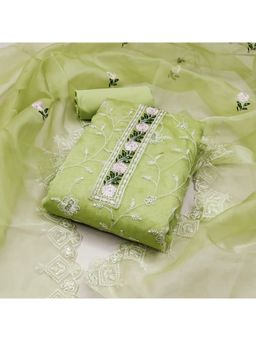 Zeepkart - Embroidered Green Vichitra Silk Unstitched Kurta with Bottom & Dupatta (Set of 3)