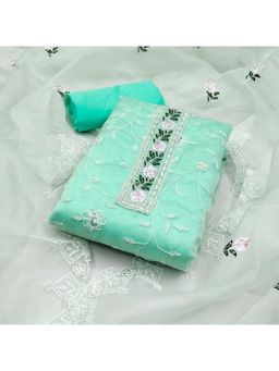 Zeepkart - Embroidered Green Vichitra Silk Unstitched Kurta with Bottom & Dupatta (Set of 3)