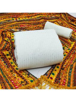 Zeepkart - Embellished Mustard Vichitra Silk Unstitched Kurta with Bottom & Dupatta (Set of 3)