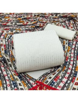 Zeepkart - Embroidered White Vichitra Silk Unstitched Kurta with Bottom & Dupatta (Set of 3)