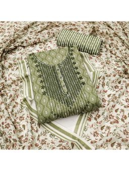 Zeepkart - Printed Green Vichitra Silk Unstitched Kurta with Bottom & Dupatta (Set of 3)