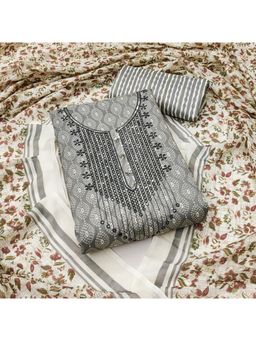 Zeepkart - Printed Grey Vichitra Silk Unstitched Kurta with Bottom & Dupatta (Set of 3)