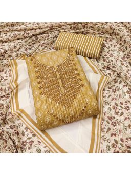 Zeepkart - Printed Mustard Vichitra Silk Unstitched Kurta with Bottom & Dupatta (Set of 3)