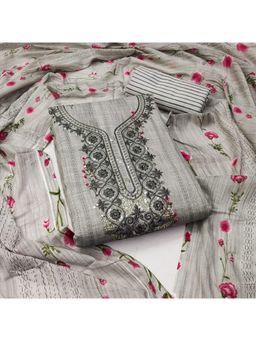Zeepkart - Printed Grey Vichitra Silk Unstitched Kurta with Bottom & Dupatta (Set of 3)