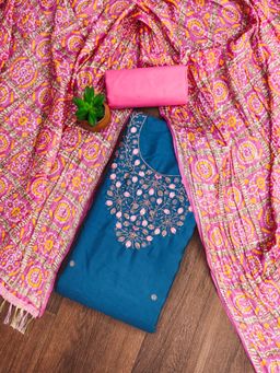 Zeepkart - Embroidered Blue Vichitra Silk Unstitched Kurta with Bottom & Dupatta (Set of 3)