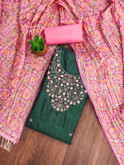 Zeepkart - Embroidered Green Vichitra Silk Unstitched Kurta with Bottom & Dupatta (Set of 3)