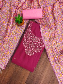 Zeepkart - Embroidered Maroon Vichitra Silk Unstitched Kurta with Bottom & Dupatta (Set of 3)