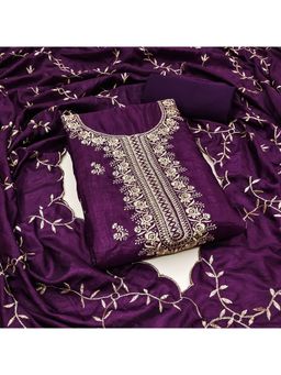 Zeepkart - Embroidered Purple Vichitra Silk Unstitched Kurta with Bottom & Dupatta (Set of 3)