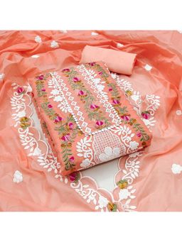 Zeepkart - Floral Orange Vichitra Silk Unstitched Kurta with Bottom & Dupatta (Set of 3)