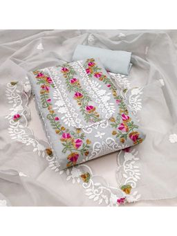 Zeepkart - Floral Grey Vichitra Silk Unstitched Kurta with Bottom & Dupatta (Set of 3)