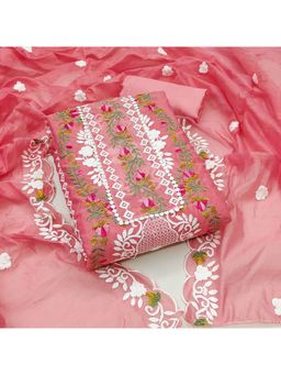 Zeepkart - Floral Pink Vichitra Silk Unstitched Kurta with Bottom & Dupatta (Set of 3)