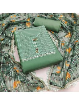 Zeepkart - Embroidered Green Vichitra Silk Unstitched Kurta with Bottom & Dupatta (Set of 3)