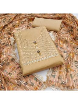 Zeepkart - Embroidered Beige Vichitra Silk Unstitched Kurta with Bottom & Dupatta (Set of 3)