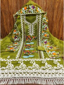 Zeepkart - Embroidered Green Vichitra Silk Unstitched Kurta with Bottom & Dupatta (Set of 3)