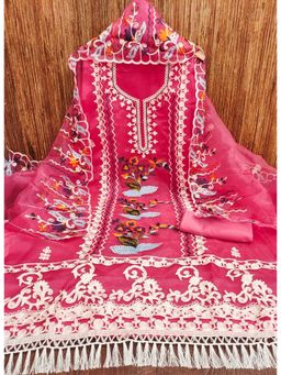 Zeepkart - Embroidered Pink Vichitra Silk Unstitched Kurta with Bottom & Dupatta (Set of 3)