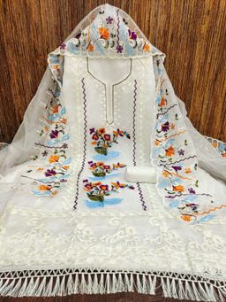 Zeepkart - Embroidered Off White Vichitra Silk Unstitched Kurta with Bottom & Dupatta (Set of 3)