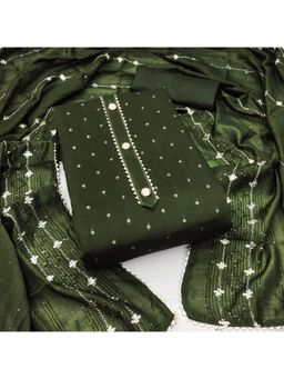 Zeepkart - Embroidered Green Vichitra Silk Unstitched Kurta with Bottom & Dupatta (Set of 3)