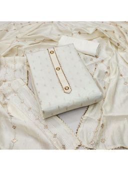 Zeepkart - Embroidered Off White Vichitra Silk Unstitched Kurta with Bottom & Dupatta (Set of 3)