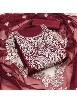 Zeepkart - Embroidered Maroon Vichitra Silk Unstitched Kurta with Bottom & Dupatta (Set of 3)