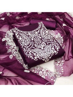 Zeepkart - Embroidered Purple Vichitra Silk Unstitched Kurta with Bottom & Dupatta (Set of 3)