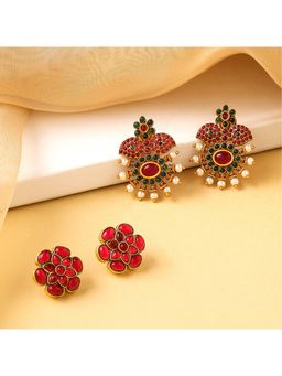 Yellow Chimes - Set of 2 pairs Gold plated Multicolor Kundan Studs