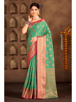 Sangam Prints - Sea Green Cotton Woven Zari Work Traditional Saree with Unstitched Blouse