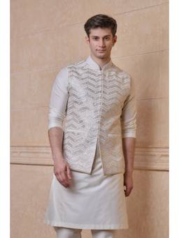 TASVA - Men Ivory All Over Embroidered Single Bundi