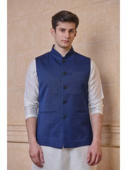 TASVA - Men Navy Blue Jacquard Bundi