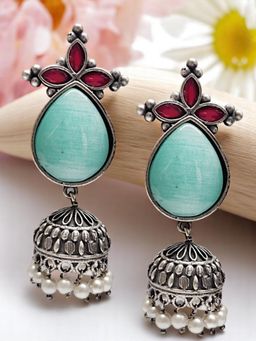 OOMPH - Multi-Colour Monalisa Stone Oxidised Silver Jhumka Earrings for Women