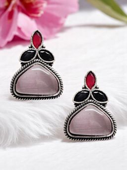 OOMPH - Pink and Red Monalisa Stone Silver Oxidised Drop Earrings for Women