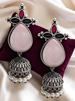 OOMPH - Multi-Colour Monalisa Stone Oxidised Silver Jhumka Earrings for Women