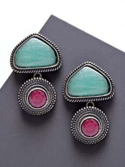 OOMPH - Mint Green Monalisa Stone Silver Oxidised Drop Earrings for Women