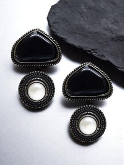 OOMPH - Black Stone and Pearl Silver Oxidised Drop Earrings for Women